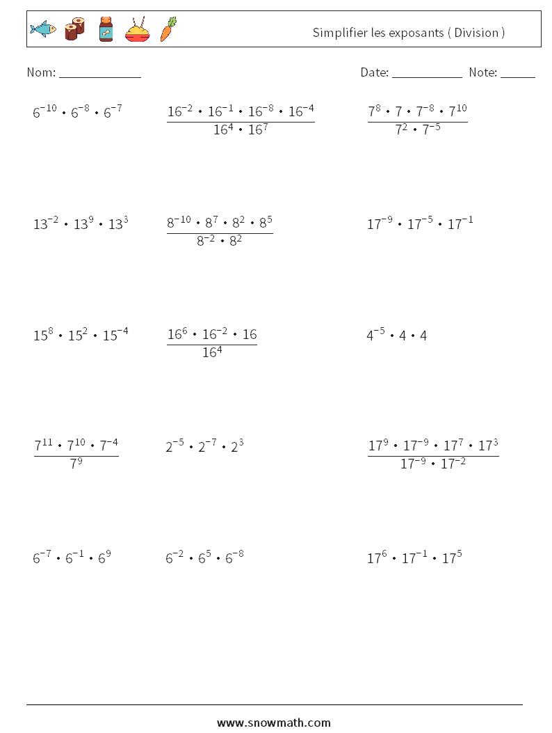 Simplifier les exposants ( Division ) Fiches d'Exercices de Mathématiques 9