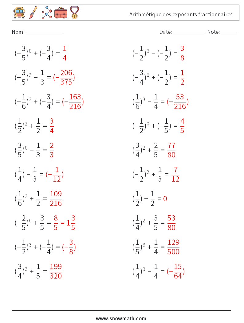 Arithmétique des exposants fractionnaires Fiches d'Exercices de Mathématiques 4 Question, Réponse
