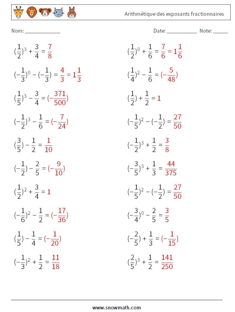 Arithmétique des exposants fractionnaires Fiches d'Exercices de Mathématiques 9 Question, Réponse