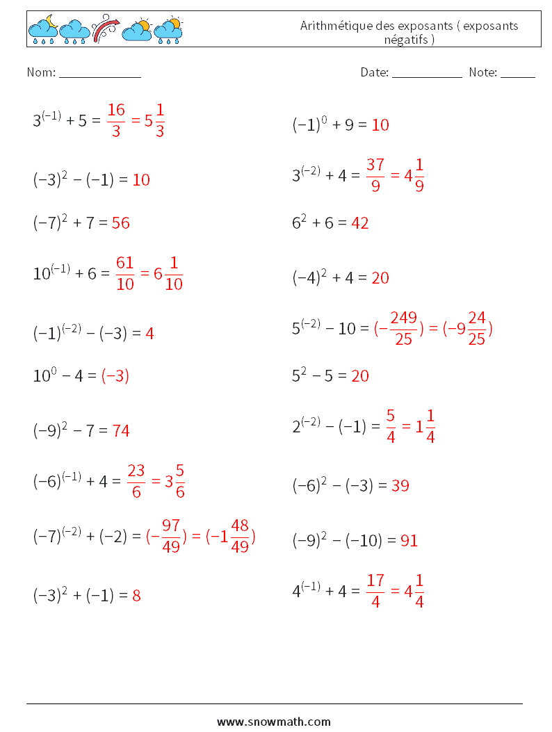  Arithmétique des exposants ( exposants négatifs ) Fiches d'Exercices de Mathématiques 1 Question, Réponse