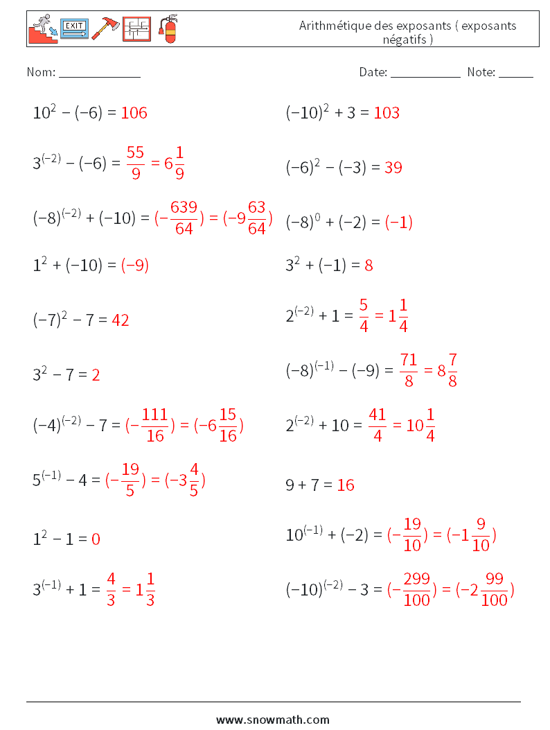  Arithmétique des exposants ( exposants négatifs ) Fiches d'Exercices de Mathématiques 2 Question, Réponse