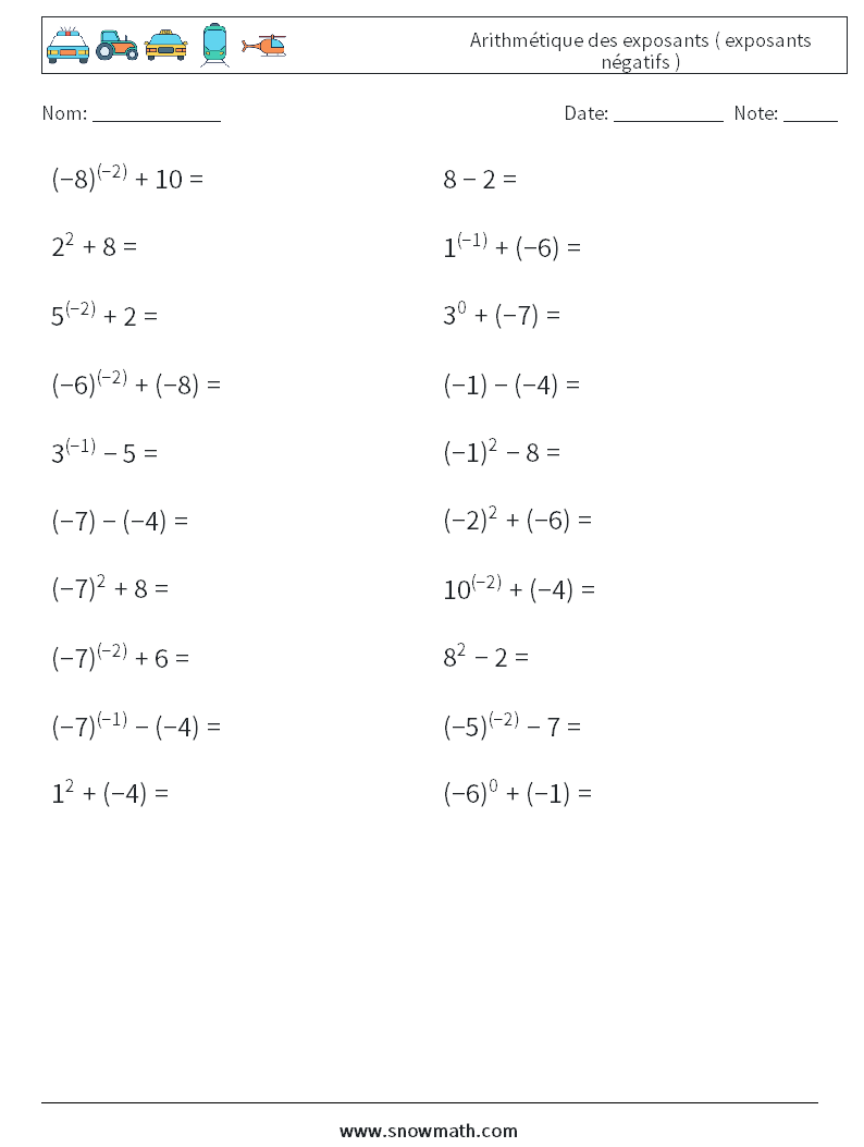  Arithmétique des exposants ( exposants négatifs ) Fiches d'Exercices de Mathématiques 3