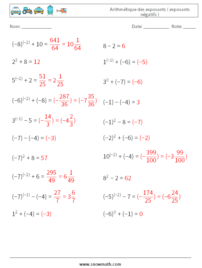  Arithmétique des exposants ( exposants négatifs ) Fiches d'Exercices de Mathématiques 3 Question, Réponse