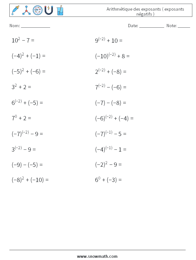  Arithmétique des exposants ( exposants négatifs ) Fiches d'Exercices de Mathématiques 4