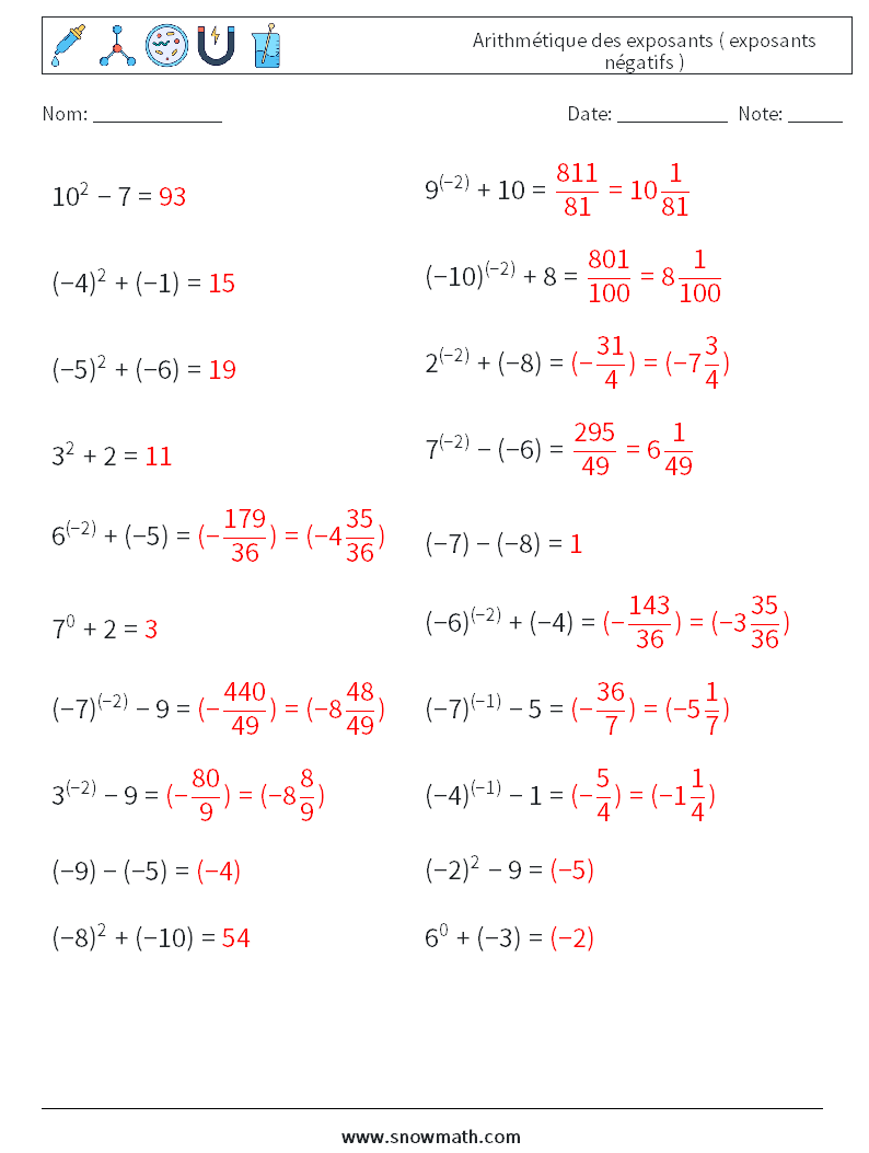  Arithmétique des exposants ( exposants négatifs ) Fiches d'Exercices de Mathématiques 4 Question, Réponse