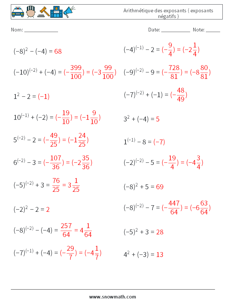  Arithmétique des exposants ( exposants négatifs ) Fiches d'Exercices de Mathématiques 5 Question, Réponse