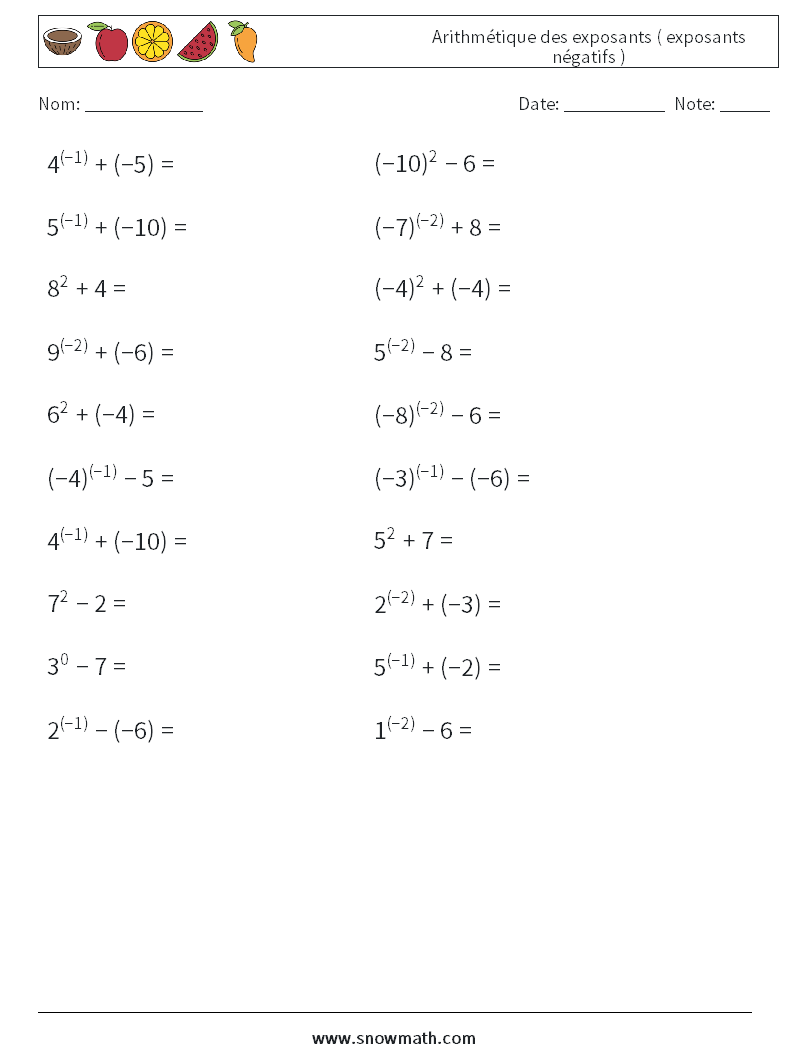  Arithmétique des exposants ( exposants négatifs ) Fiches d'Exercices de Mathématiques 6