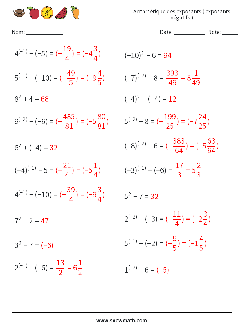  Arithmétique des exposants ( exposants négatifs ) Fiches d'Exercices de Mathématiques 6 Question, Réponse