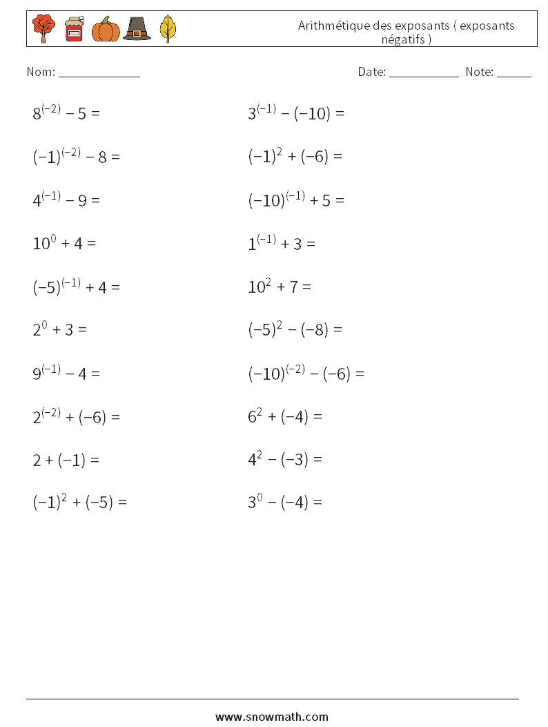  Arithmétique des exposants ( exposants négatifs ) Fiches d'Exercices de Mathématiques 7