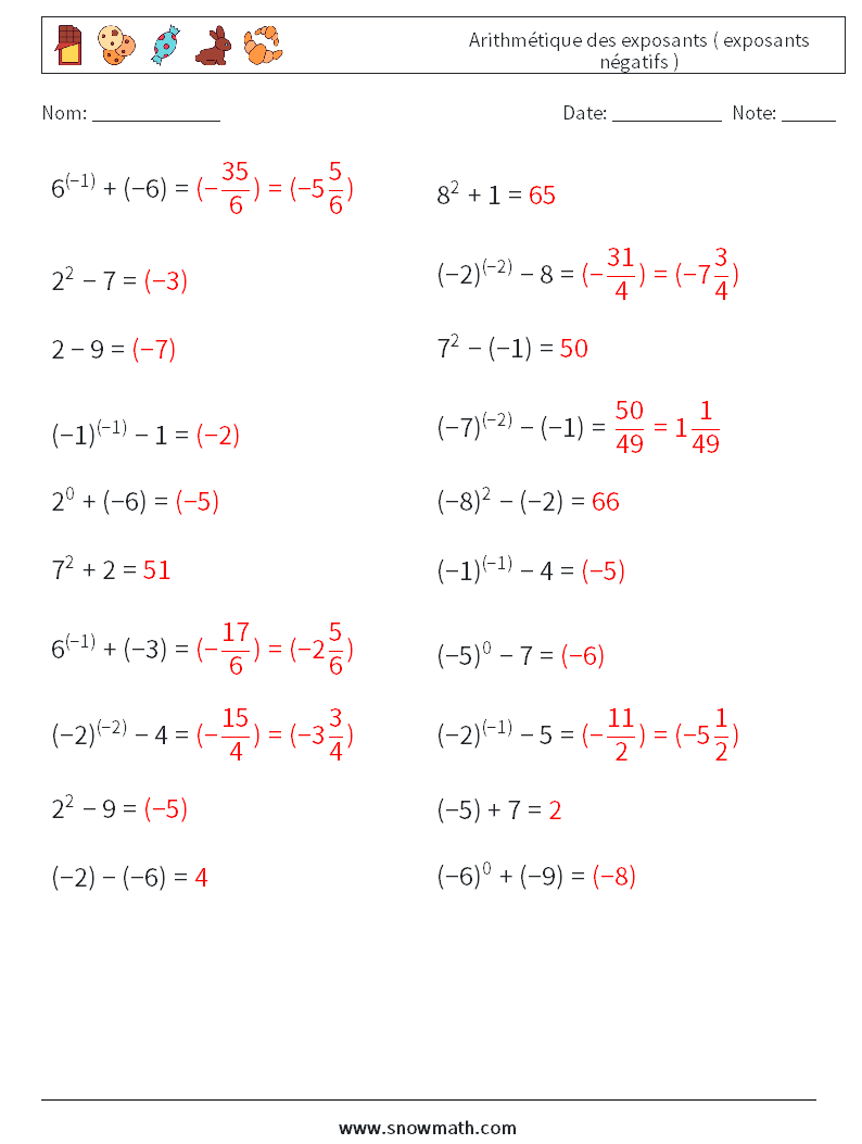  Arithmétique des exposants ( exposants négatifs ) Fiches d'Exercices de Mathématiques 8 Question, Réponse