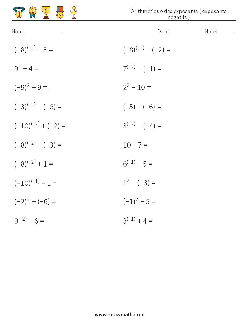  Arithmétique des exposants ( exposants négatifs ) Fiches d'Exercices de Mathématiques 9