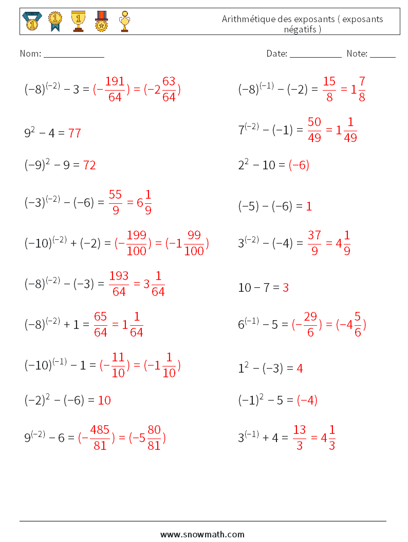  Arithmétique des exposants ( exposants négatifs ) Fiches d'Exercices de Mathématiques 9 Question, Réponse