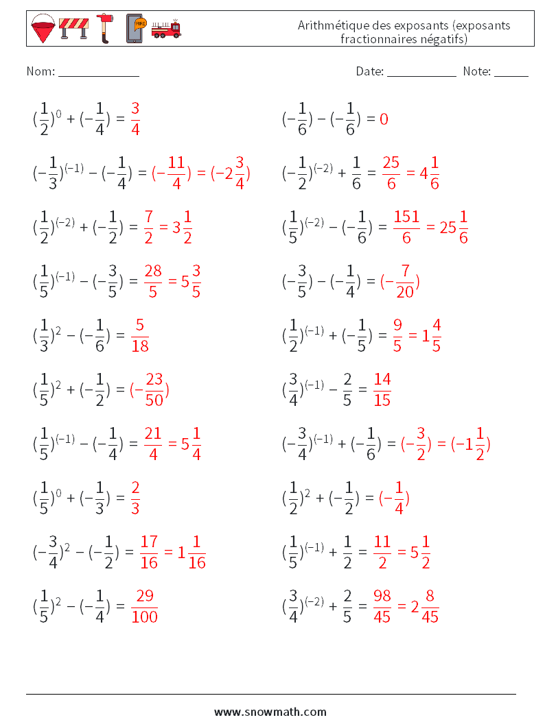  Arithmétique des exposants (exposants fractionnaires négatifs) Fiches d'Exercices de Mathématiques 4 Question, Réponse