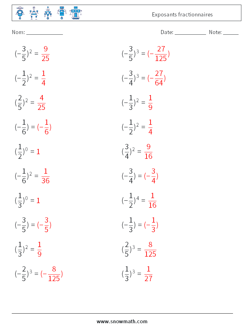 Exposants fractionnaires Fiches d'Exercices de Mathématiques 1 Question, Réponse