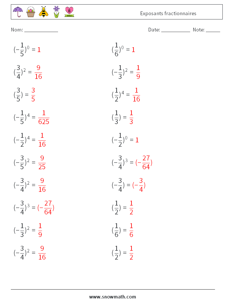 Exposants fractionnaires Fiches d'Exercices de Mathématiques 2 Question, Réponse