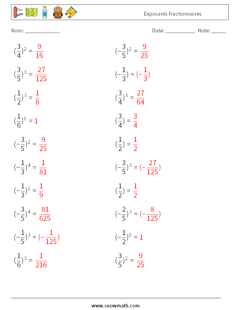 Exposants fractionnaires Fiches d'Exercices de Mathématiques 4 Question, Réponse