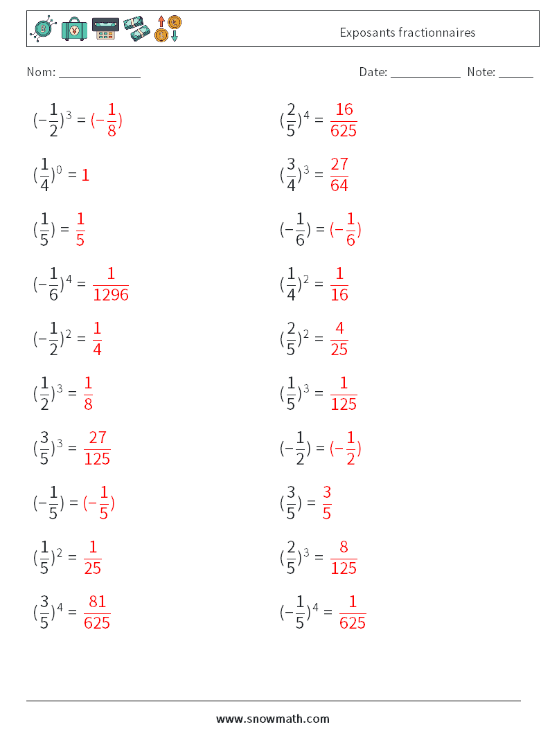 Exposants fractionnaires Fiches d'Exercices de Mathématiques 5 Question, Réponse