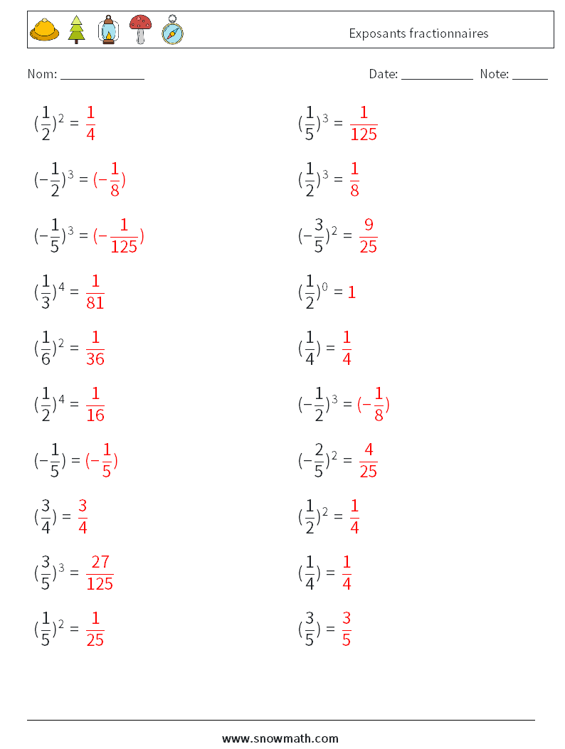 Exposants fractionnaires Fiches d'Exercices de Mathématiques 6 Question, Réponse