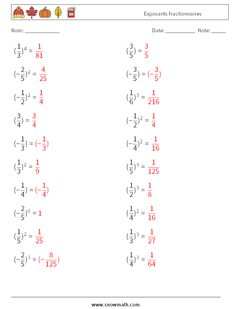 Exposants fractionnaires Fiches d'Exercices de Mathématiques 7 Question, Réponse