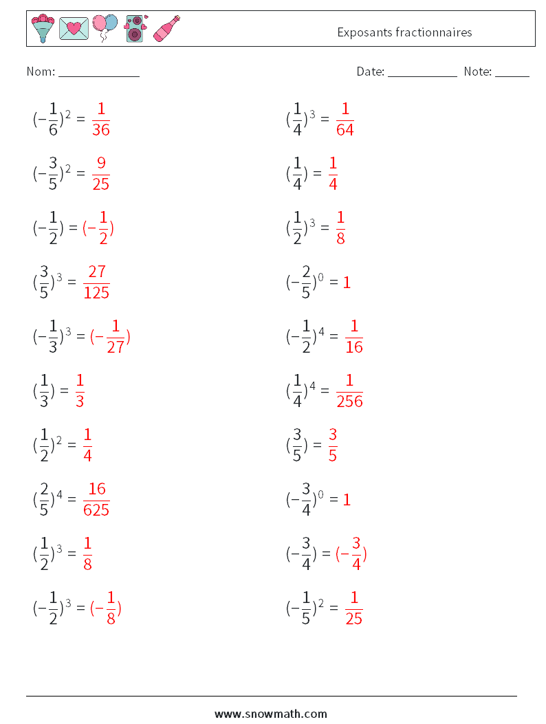 Exposants fractionnaires Fiches d'Exercices de Mathématiques 9 Question, Réponse