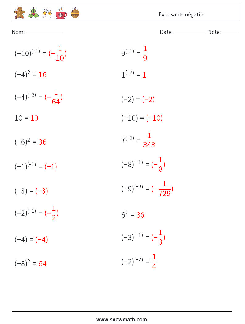  Exposants négatifs Fiches d'Exercices de Mathématiques 2 Question, Réponse