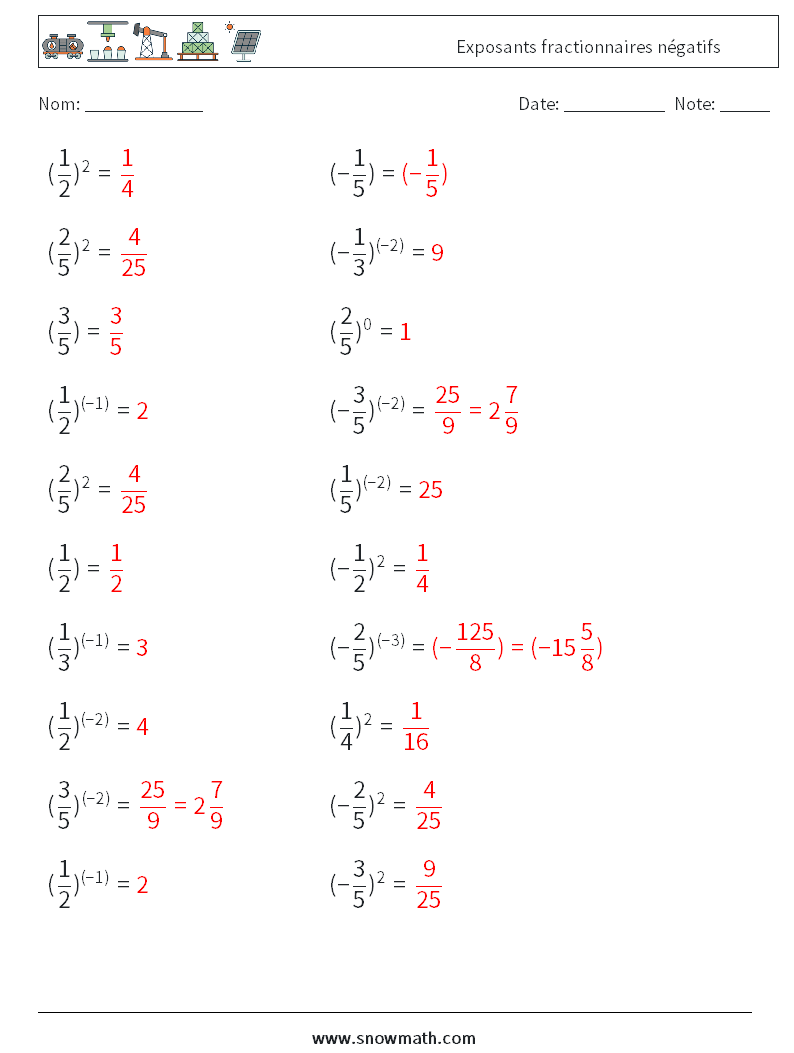 Exposants fractionnaires négatifs Fiches d'Exercices de Mathématiques 6 Question, Réponse