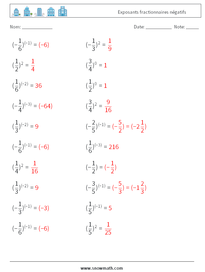 Exposants fractionnaires négatifs Fiches d'Exercices de Mathématiques 9 Question, Réponse