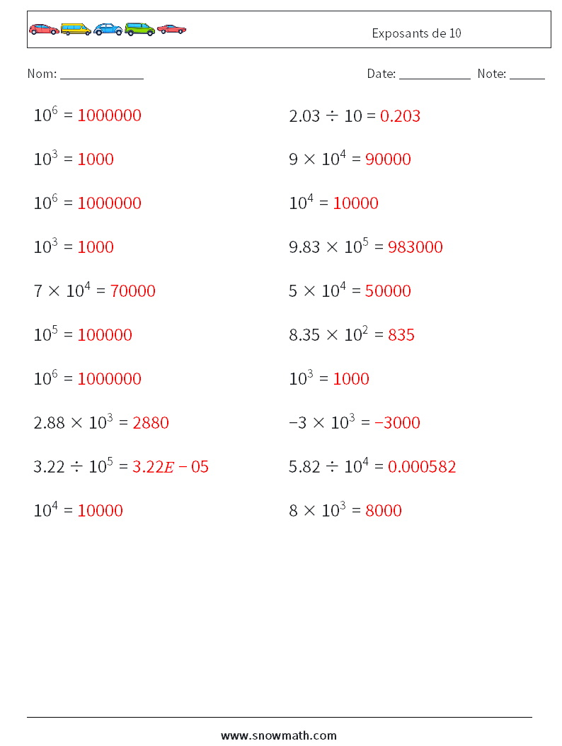 Exposants de 10 Fiches d'Exercices de Mathématiques 1 Question, Réponse