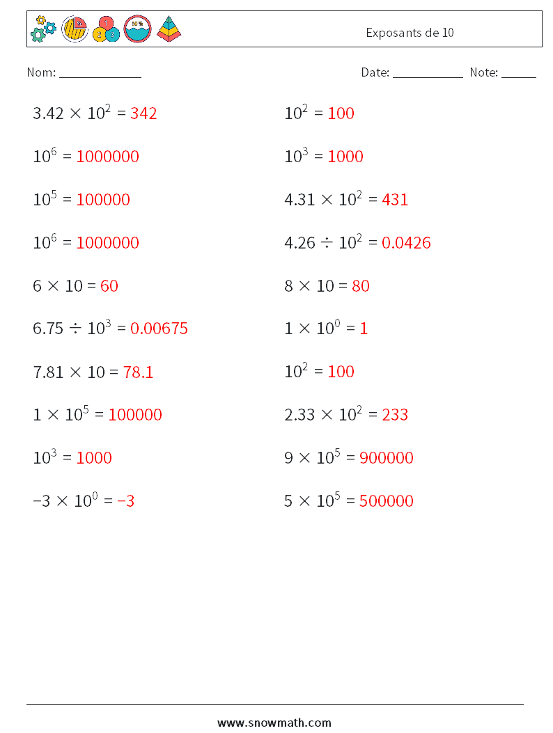 Exposants de 10 Fiches d'Exercices de Mathématiques 2 Question, Réponse