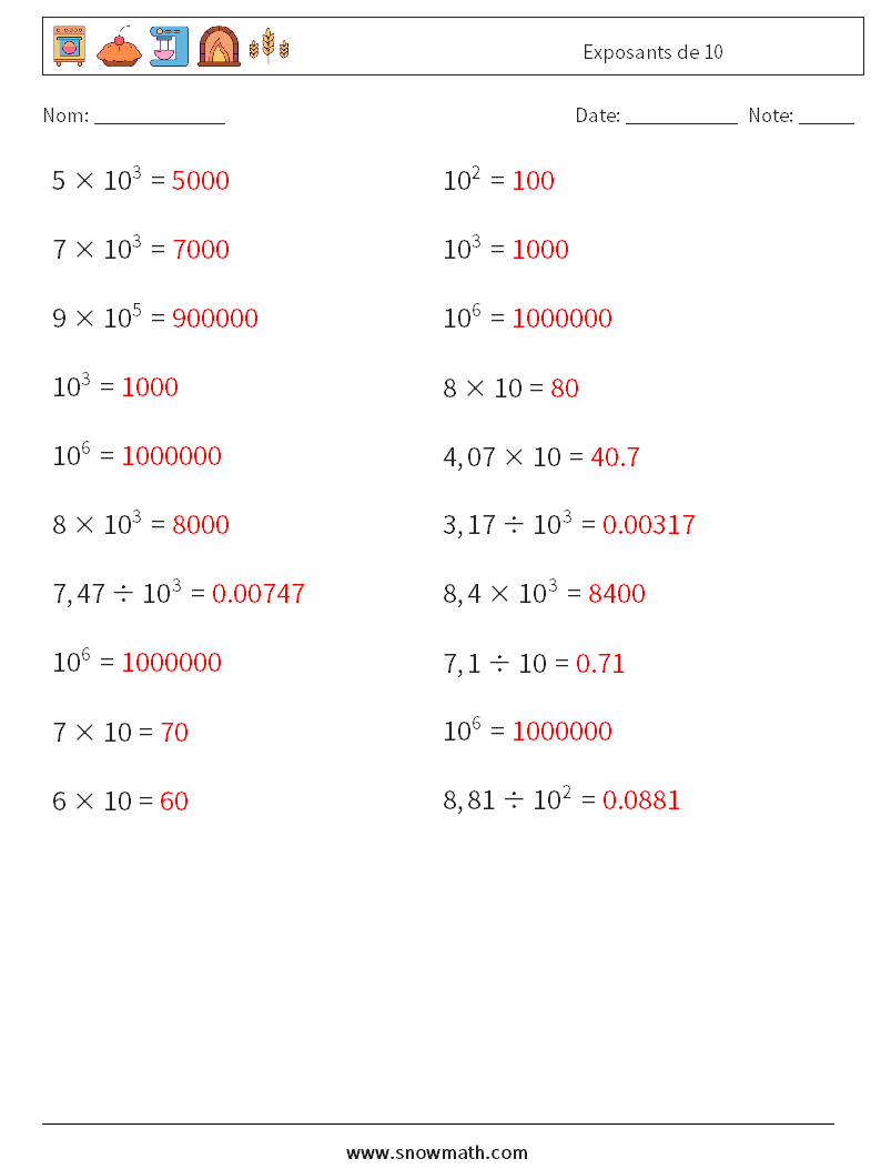 Exposants de 10 Fiches d'Exercices de Mathématiques 4 Question, Réponse