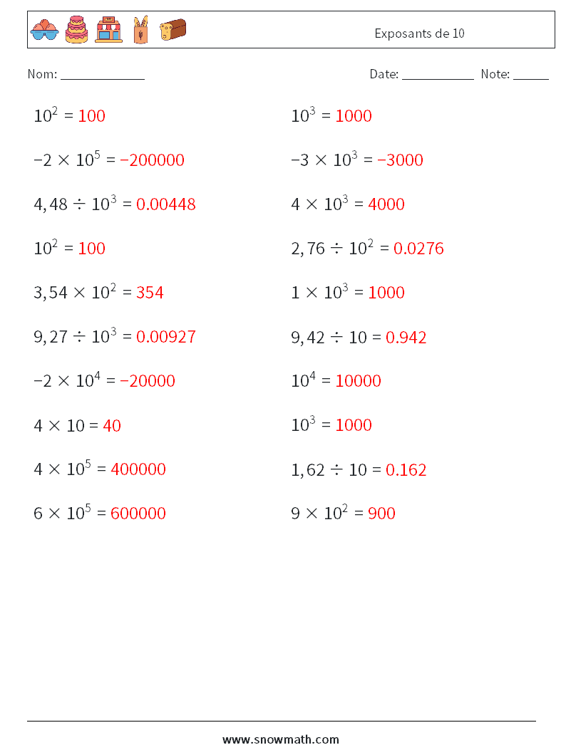 Exposants de 10 Fiches d'Exercices de Mathématiques 6 Question, Réponse