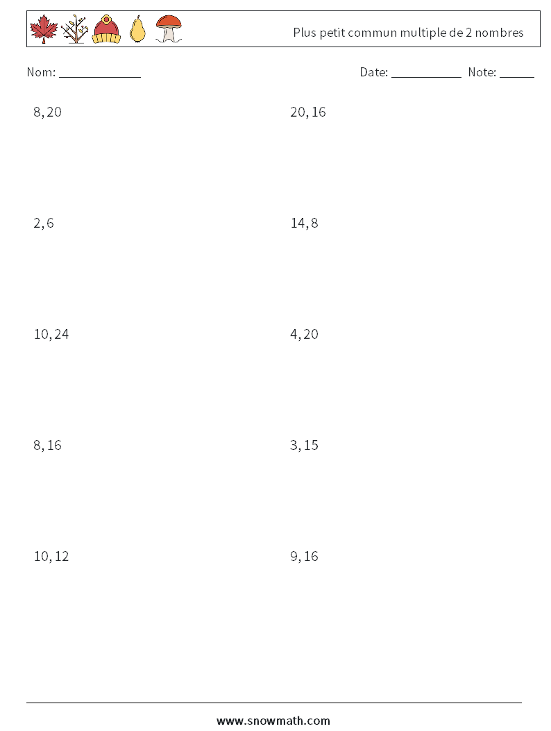 Plus petit commun multiple de 2 nombres Fiches d'Exercices de Mathématiques 2