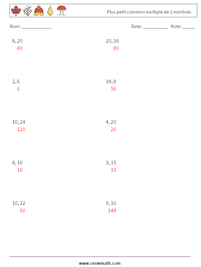 Plus petit commun multiple de 2 nombres Fiches d'Exercices de Mathématiques 2 Question, Réponse