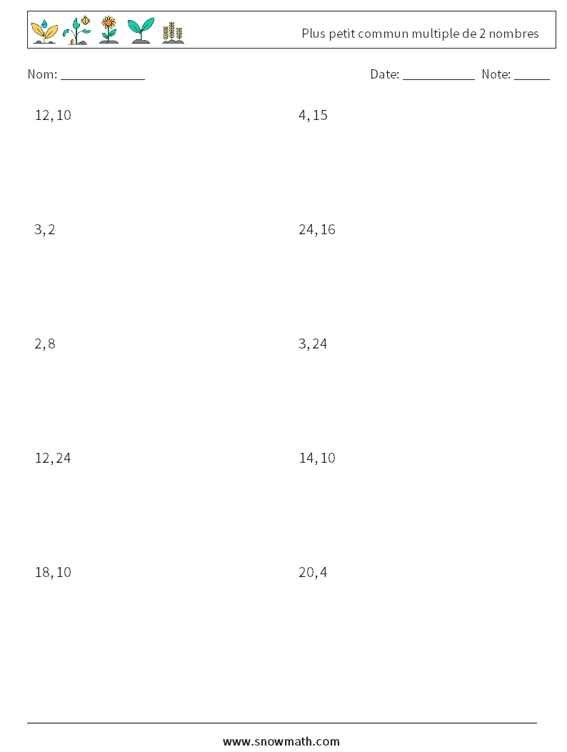Plus petit commun multiple de 2 nombres Fiches d'Exercices de Mathématiques 3