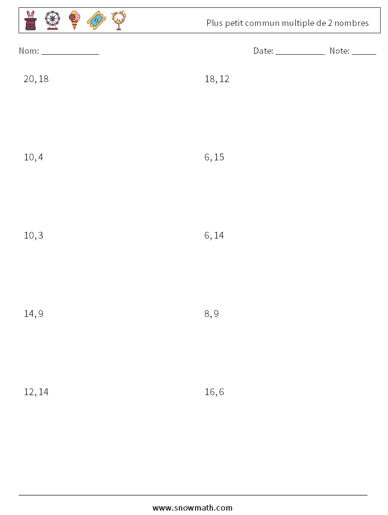 Plus petit commun multiple de 2 nombres Fiches d'Exercices de Mathématiques 4
