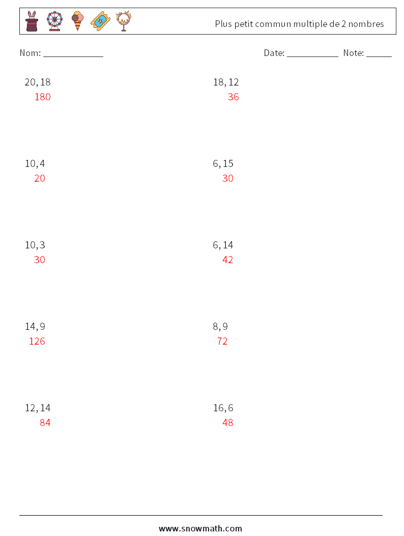 Plus petit commun multiple de 2 nombres Fiches d'Exercices de Mathématiques 4 Question, Réponse