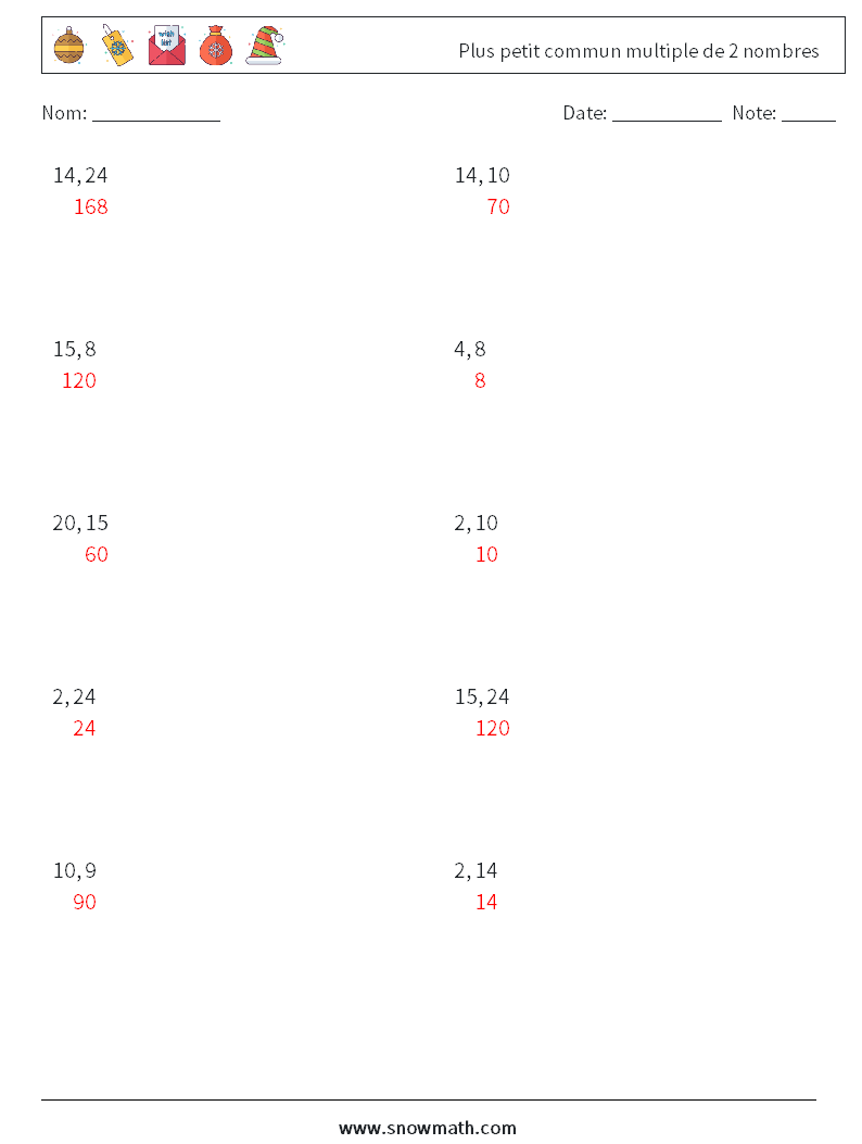 Plus petit commun multiple de 2 nombres Fiches d'Exercices de Mathématiques 5 Question, Réponse