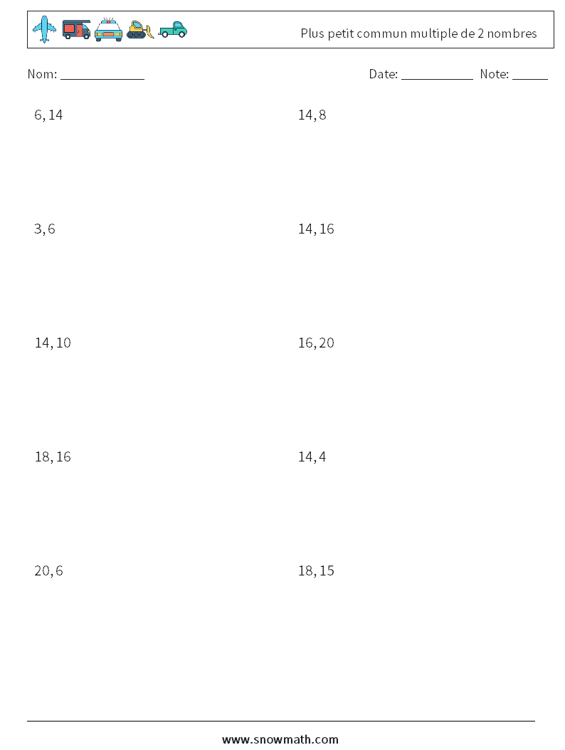 Plus petit commun multiple de 2 nombres Fiches d'Exercices de Mathématiques 6
