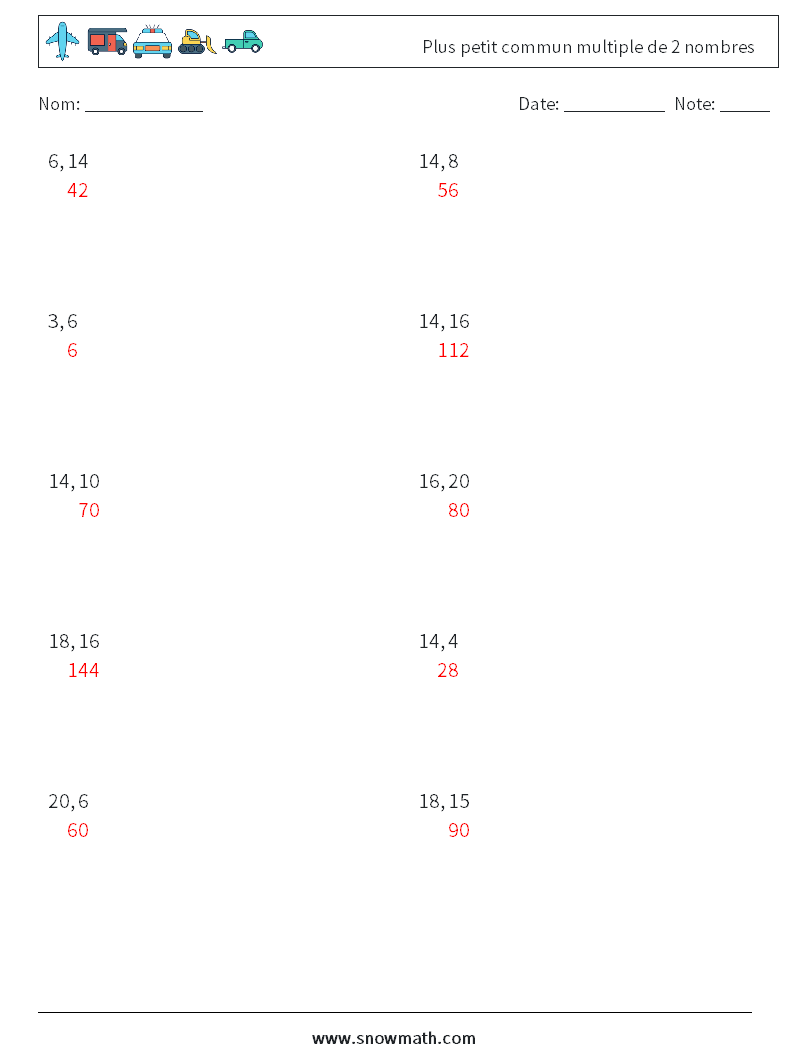 Plus petit commun multiple de 2 nombres Fiches d'Exercices de Mathématiques 6 Question, Réponse