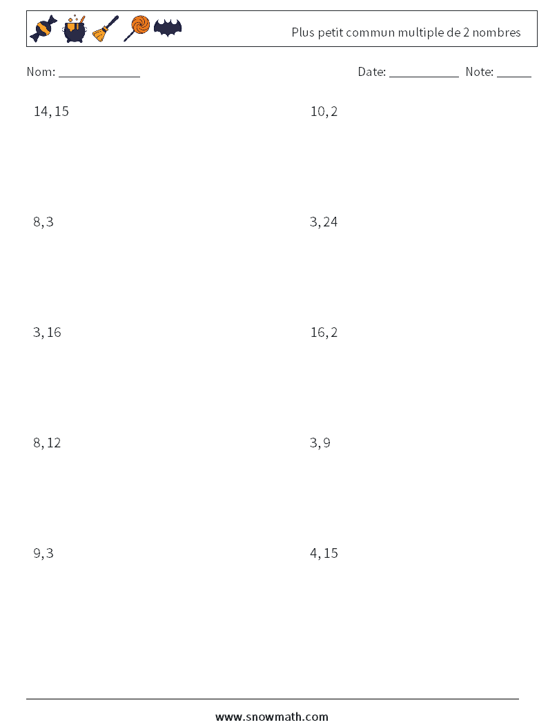 Plus petit commun multiple de 2 nombres Fiches d'Exercices de Mathématiques 7