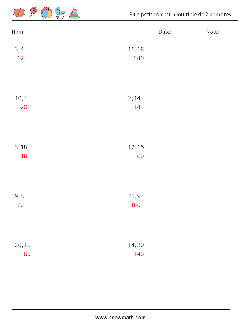 Plus petit commun multiple de 2 nombres Fiches d'Exercices de Mathématiques 9 Question, Réponse