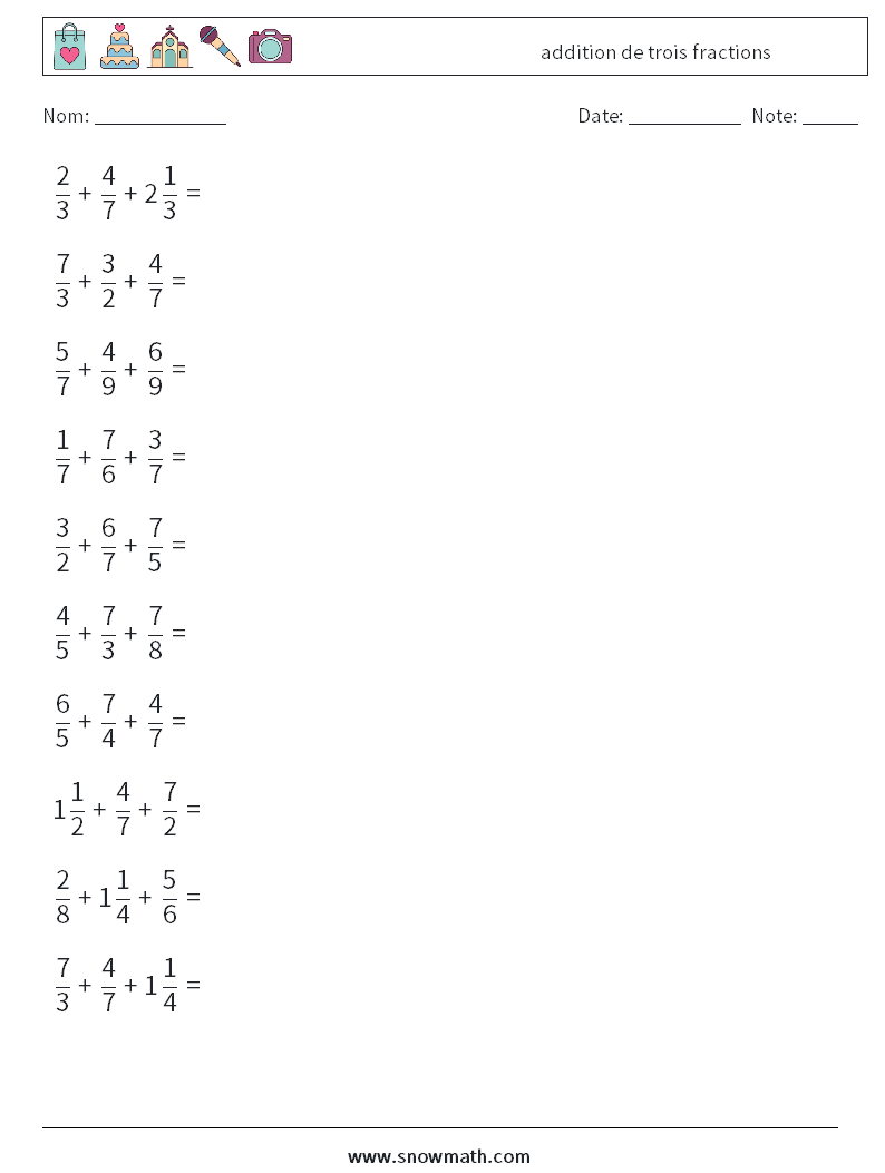 (10) addition de trois fractions Fiches d'Exercices de Mathématiques 10
