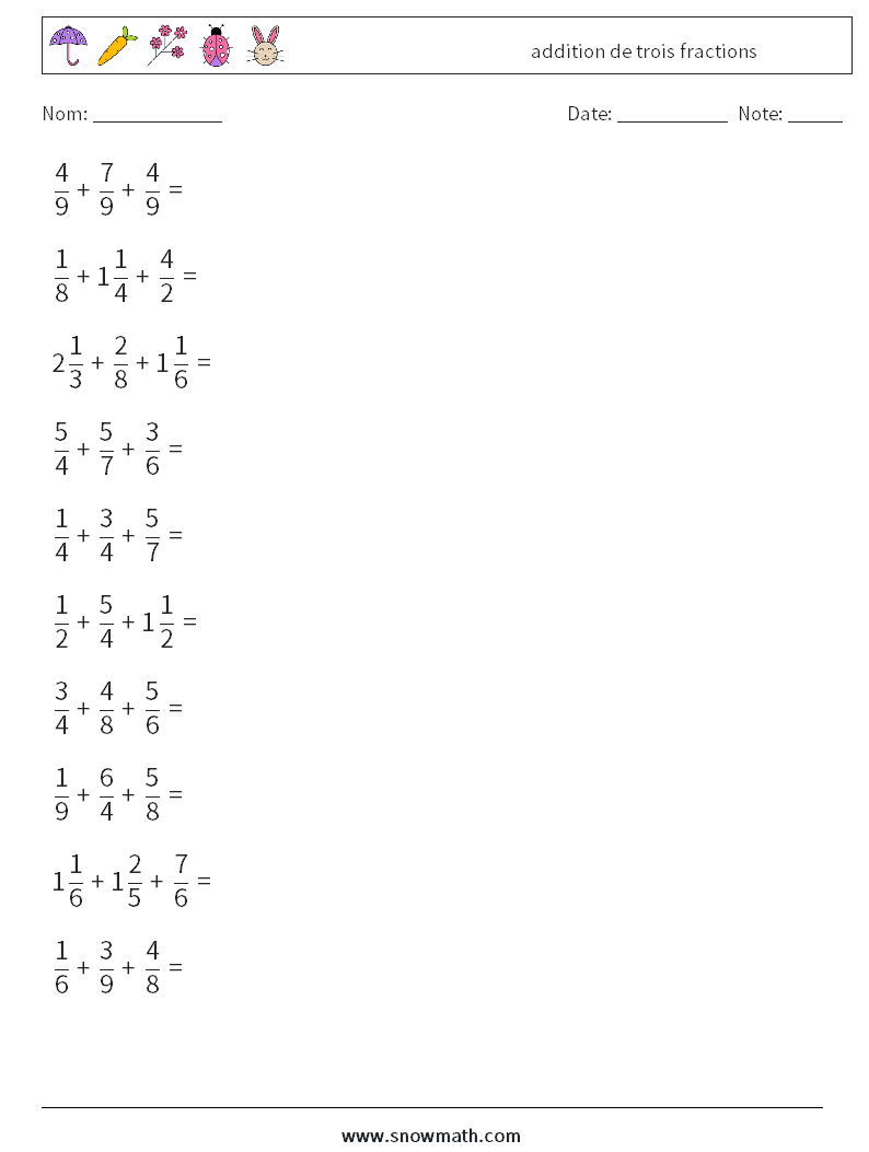 (10) addition de trois fractions Fiches d'Exercices de Mathématiques 11