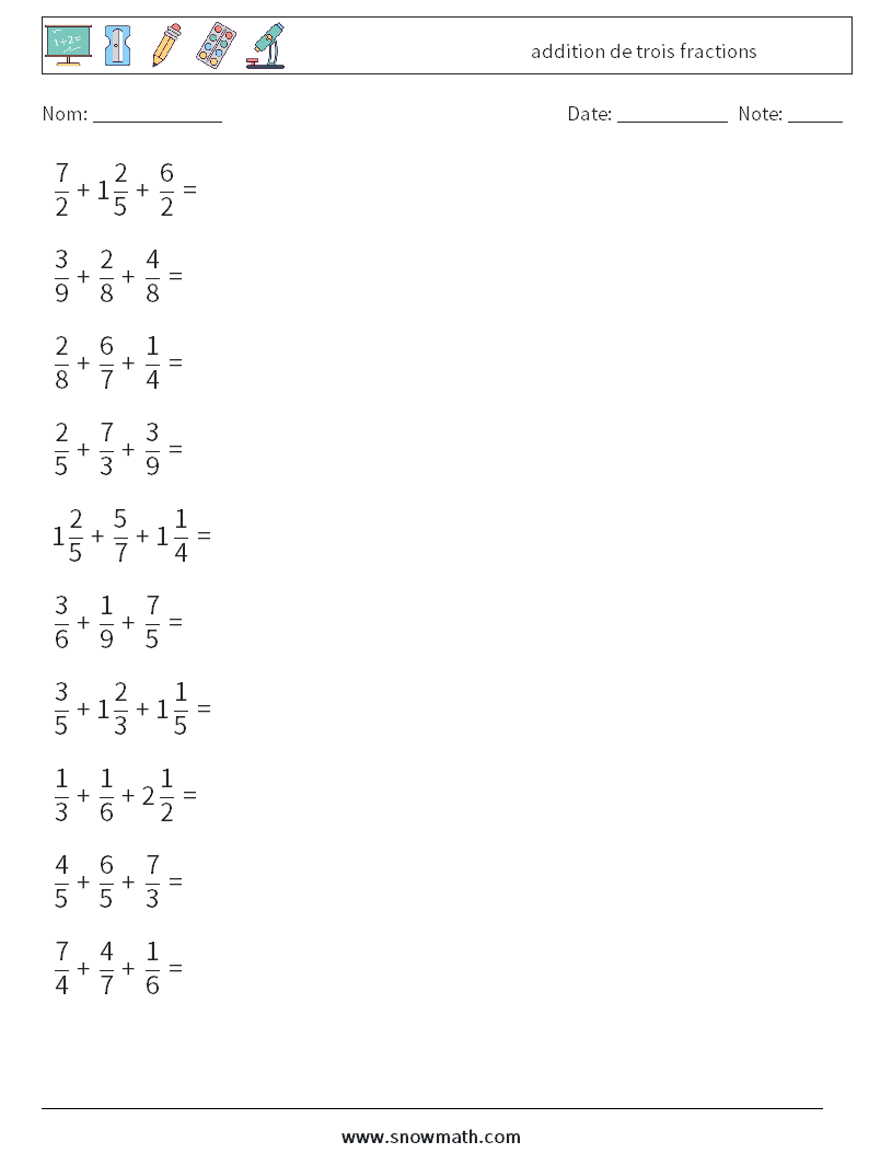 (10) addition de trois fractions Fiches d'Exercices de Mathématiques 12
