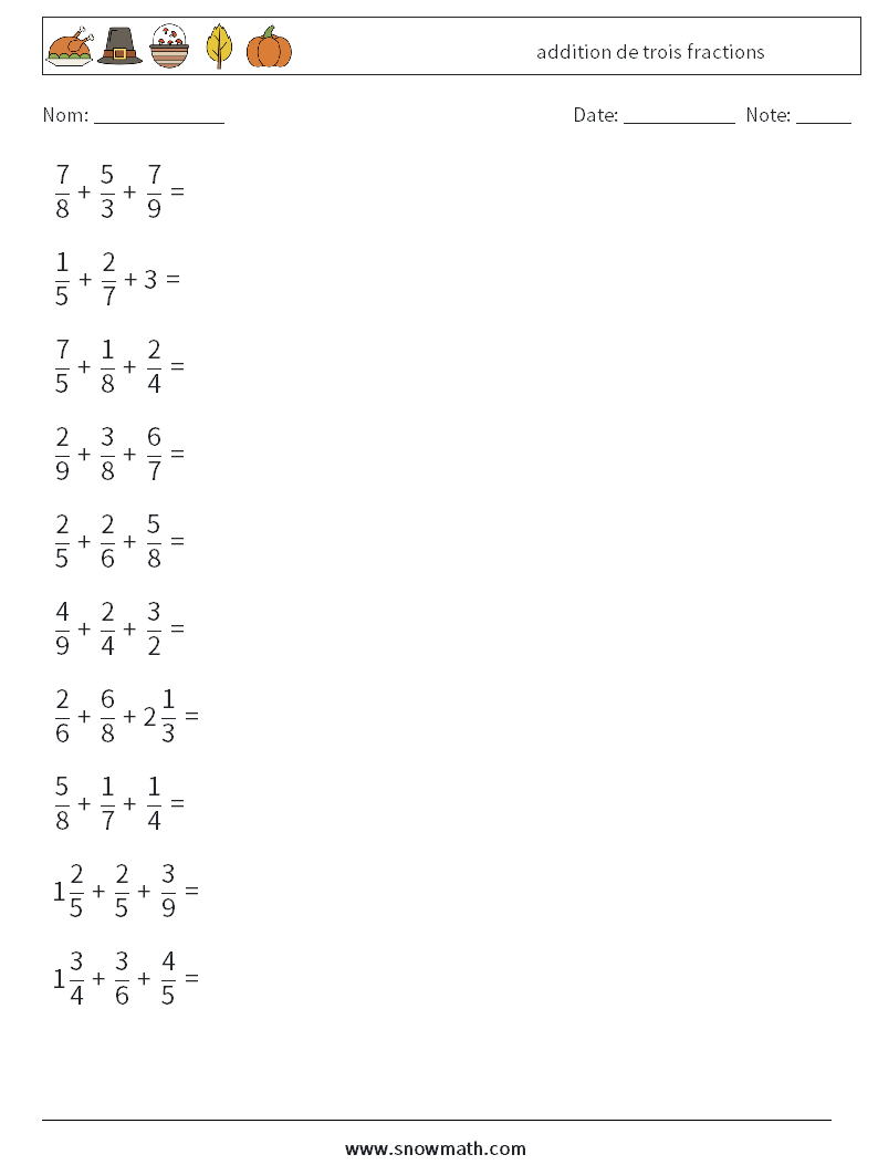 (10) addition de trois fractions Fiches d'Exercices de Mathématiques 13