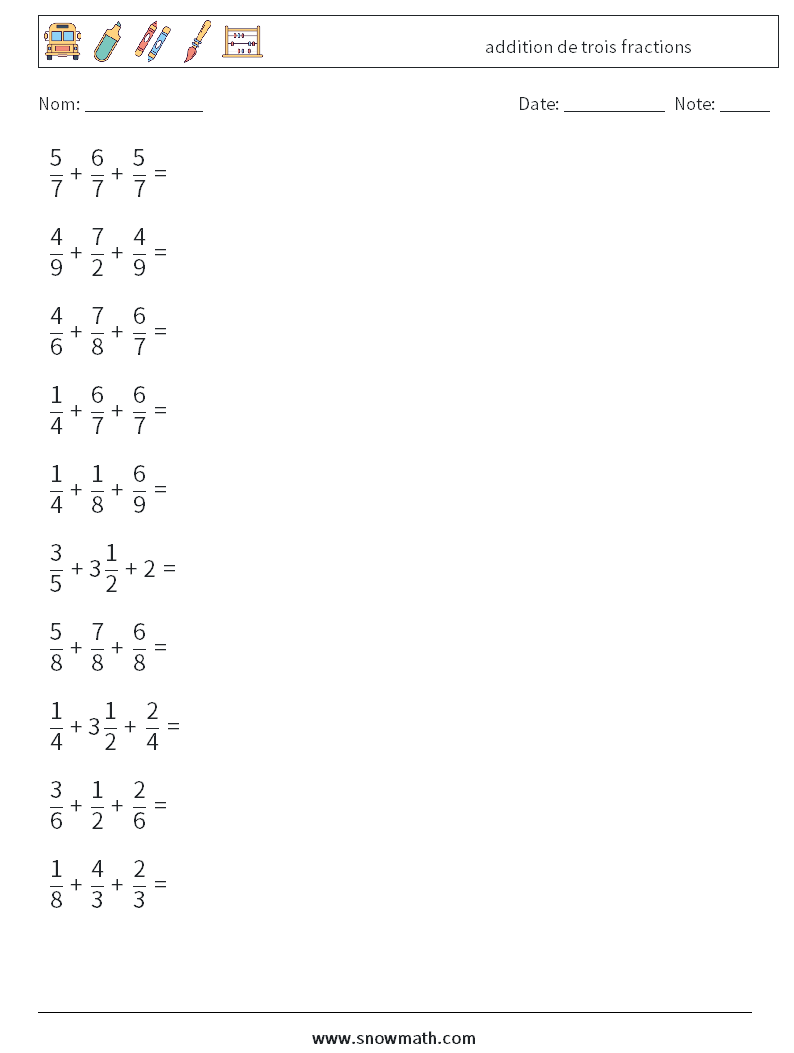 (10) addition de trois fractions Fiches d'Exercices de Mathématiques 14
