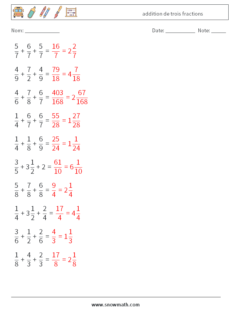 (10) addition de trois fractions Fiches d'Exercices de Mathématiques 14 Question, Réponse