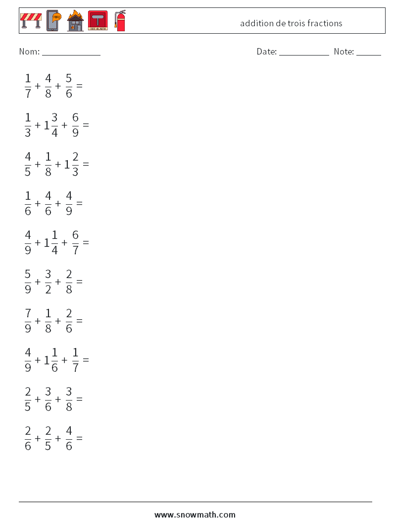 (10) addition de trois fractions Fiches d'Exercices de Mathématiques 15
