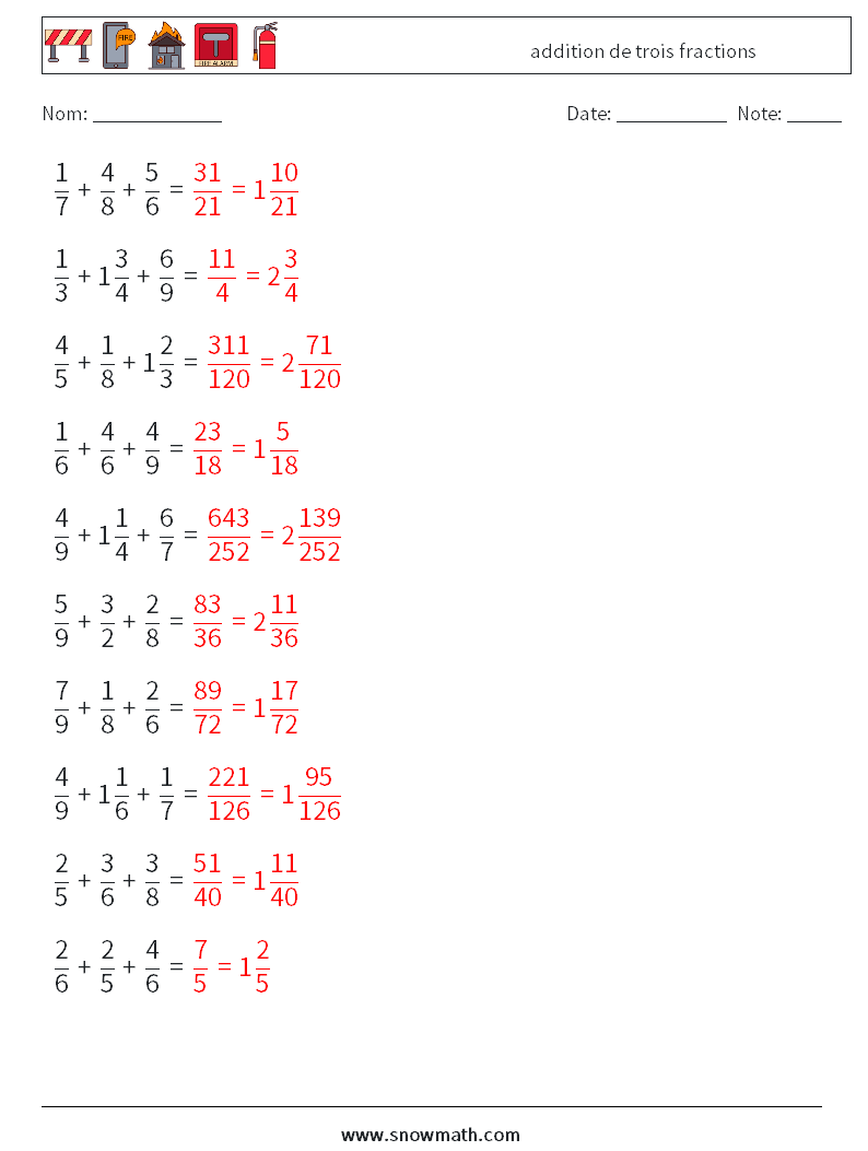 (10) addition de trois fractions Fiches d'Exercices de Mathématiques 15 Question, Réponse