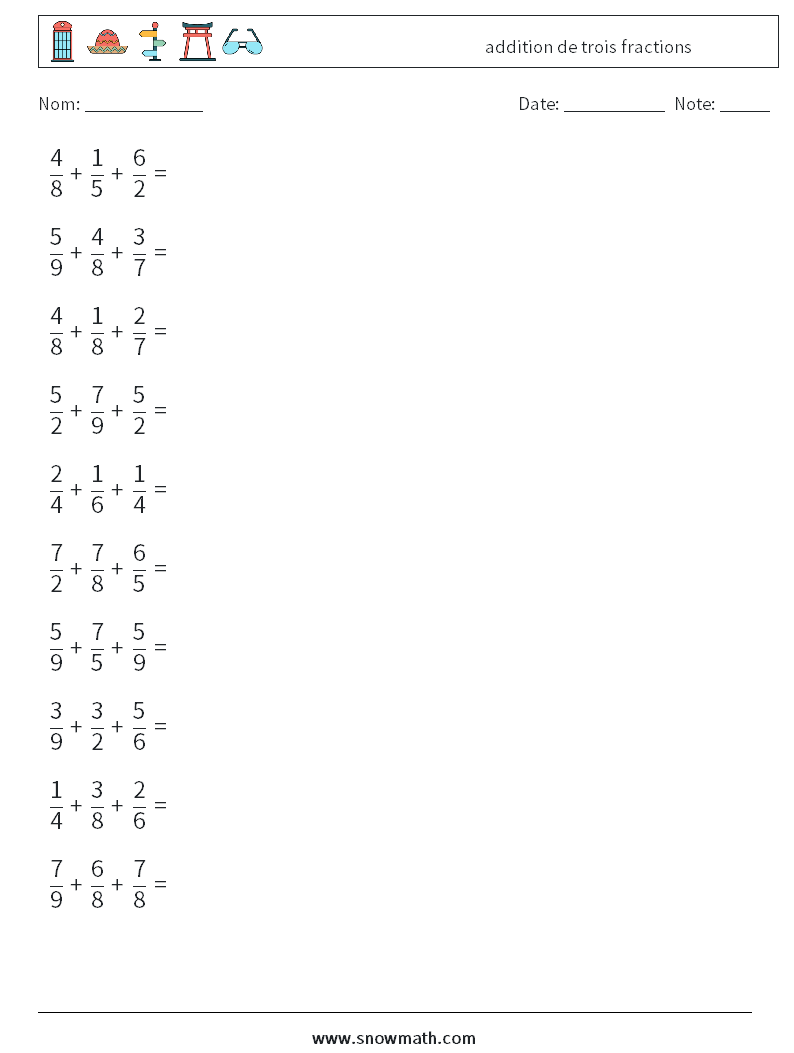 (10) addition de trois fractions Fiches d'Exercices de Mathématiques 16